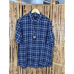 NWT Michael Kors Navy Blue White Short Sleeve Linen Tencel Button Down XL